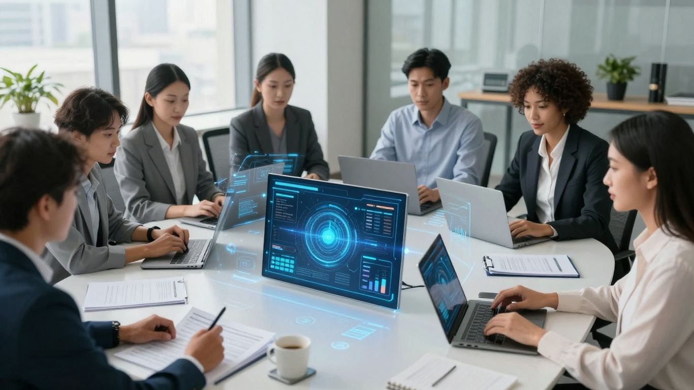 Professionals using technology for insurance risk management.