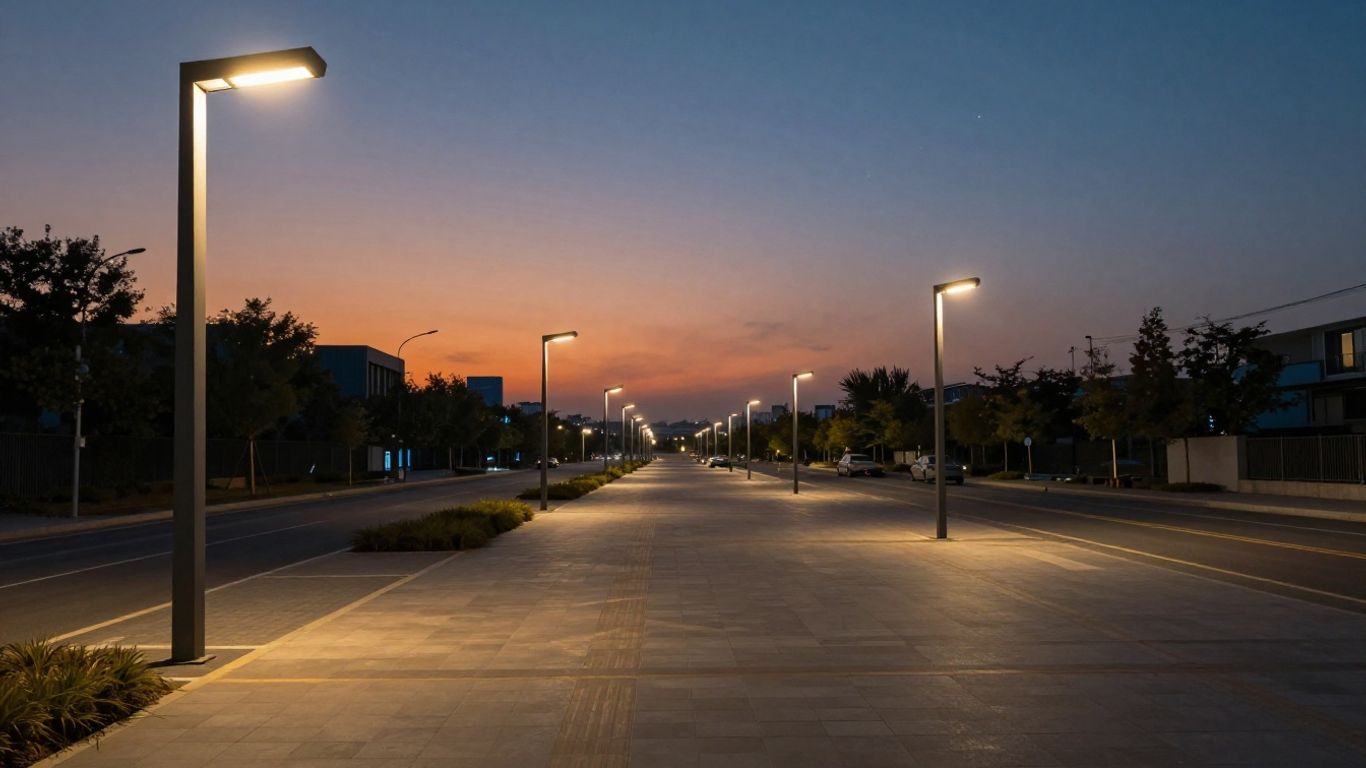 Iluminat public inteligent pe o stradă urbană modernă.