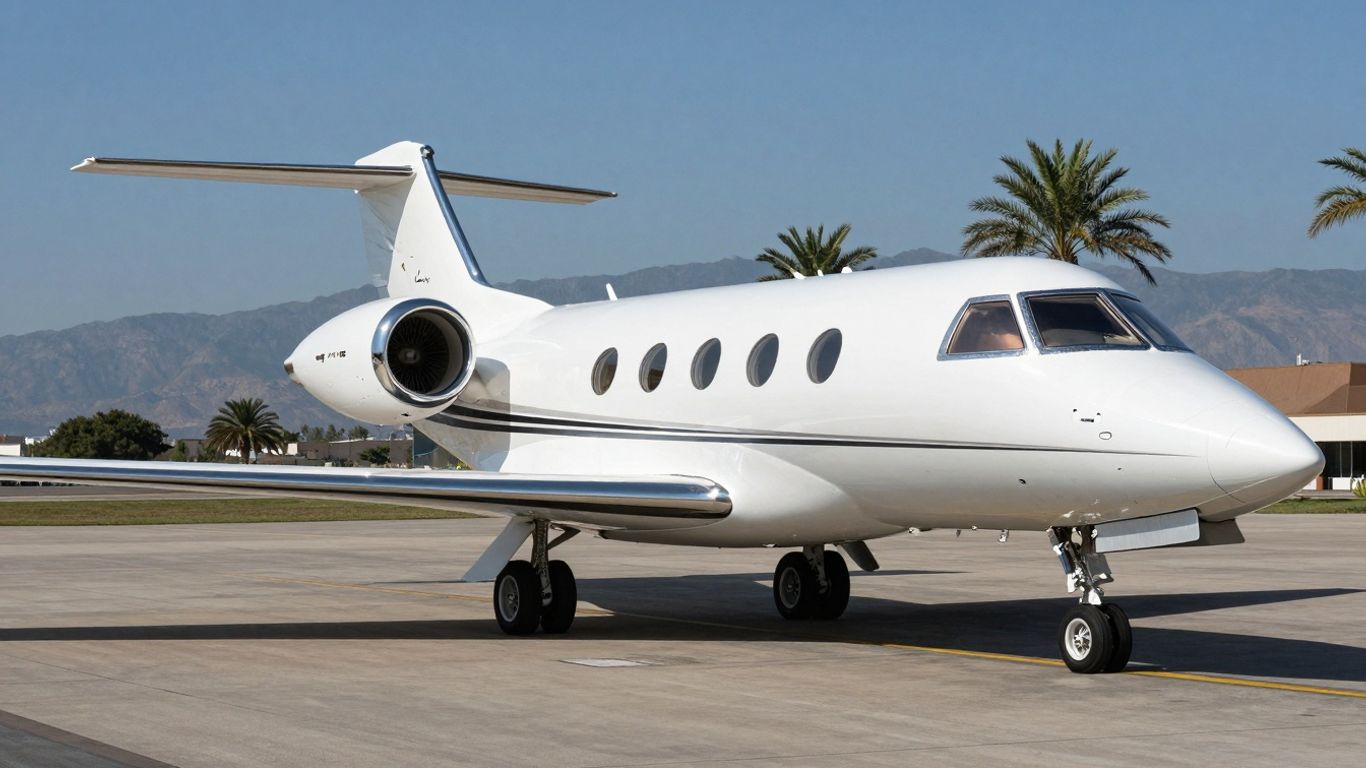 Luxury private jet on tarmac in Orange County.