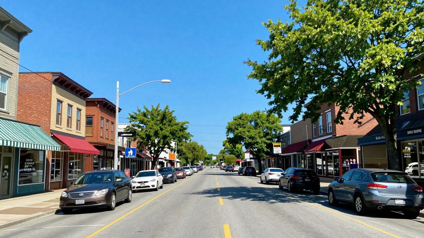 Hamburg NY street view with cars and trees.