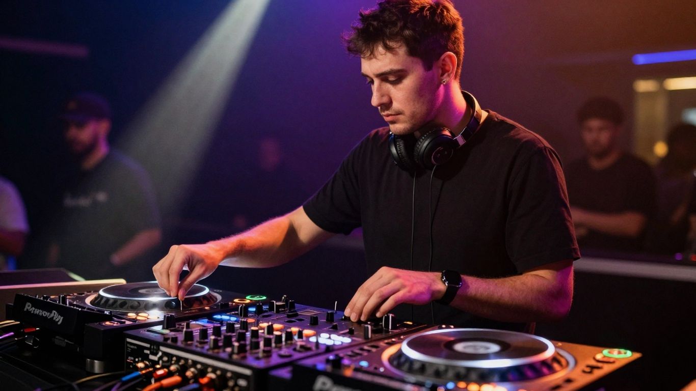 DJ performing with turntables and mixer.