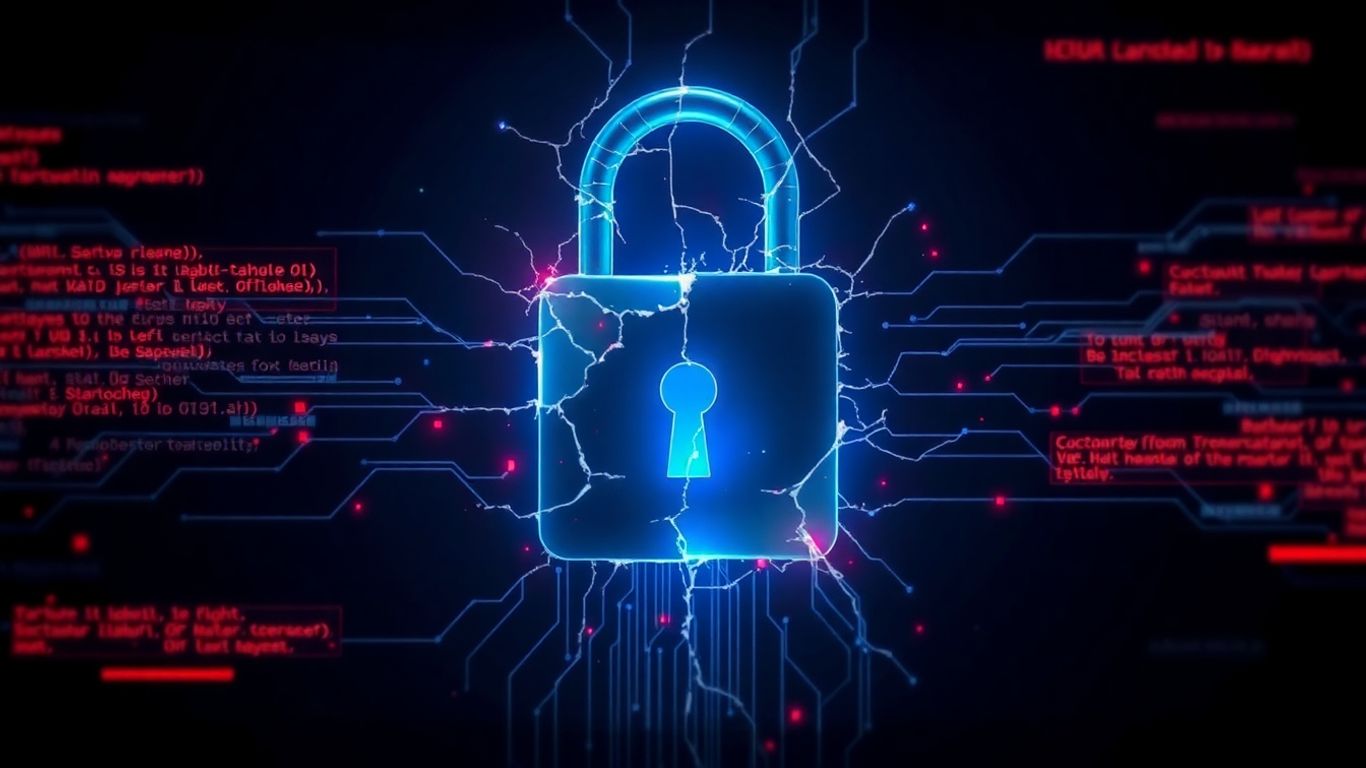 Cracked digital lock with corrupted data streams.