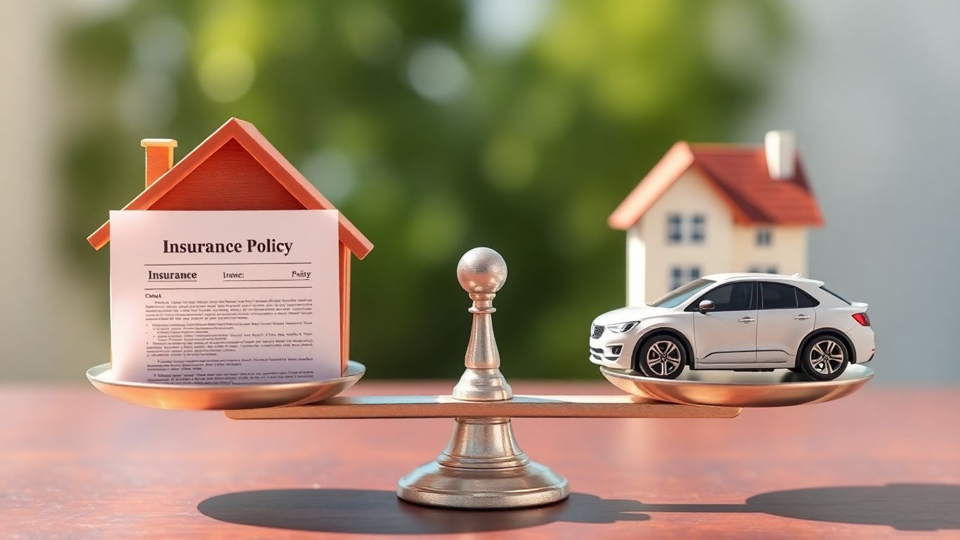 Balanza con documentos de seguro y bienes.