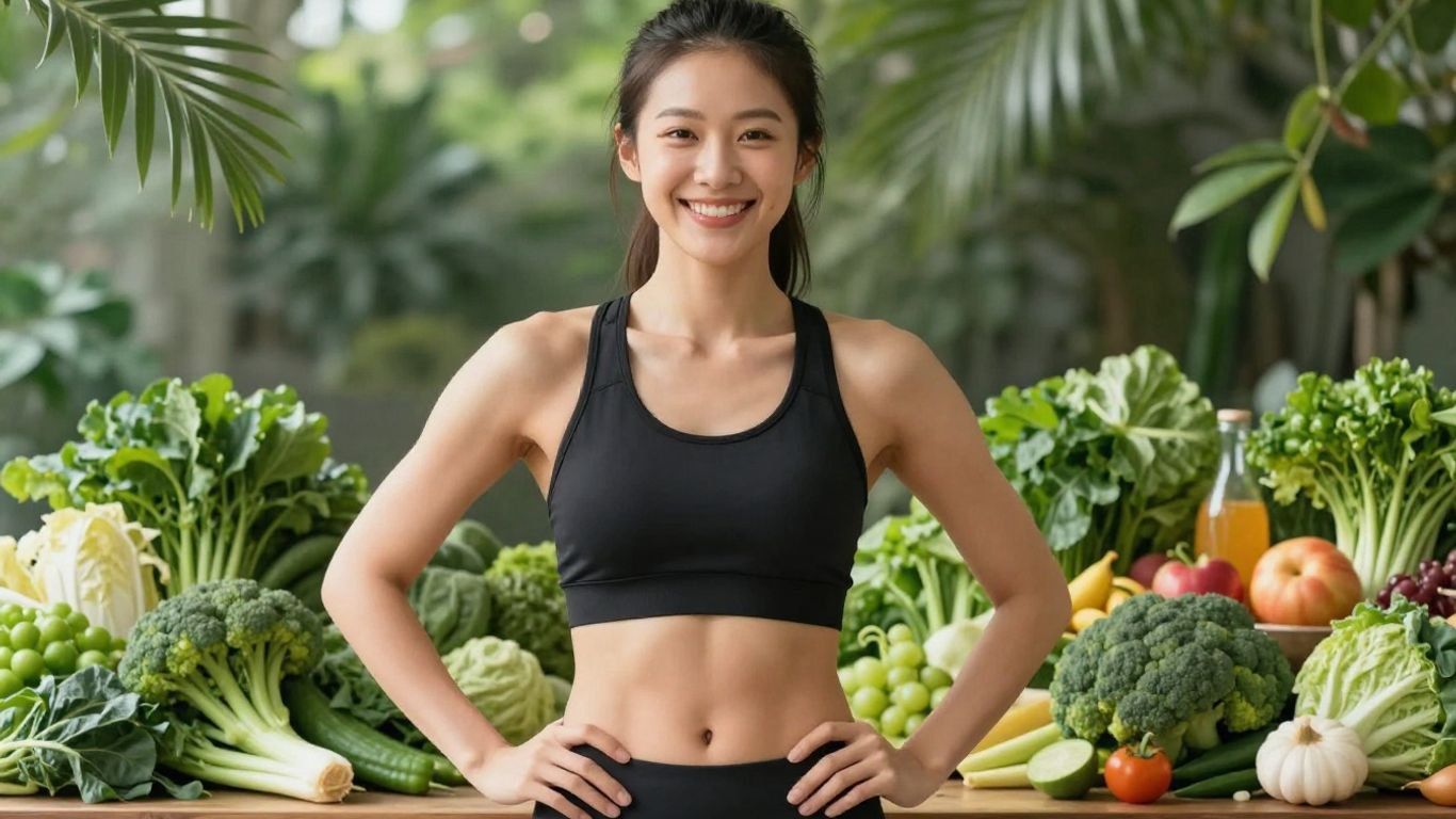 Person with flat stomach, healthy food, natural light.