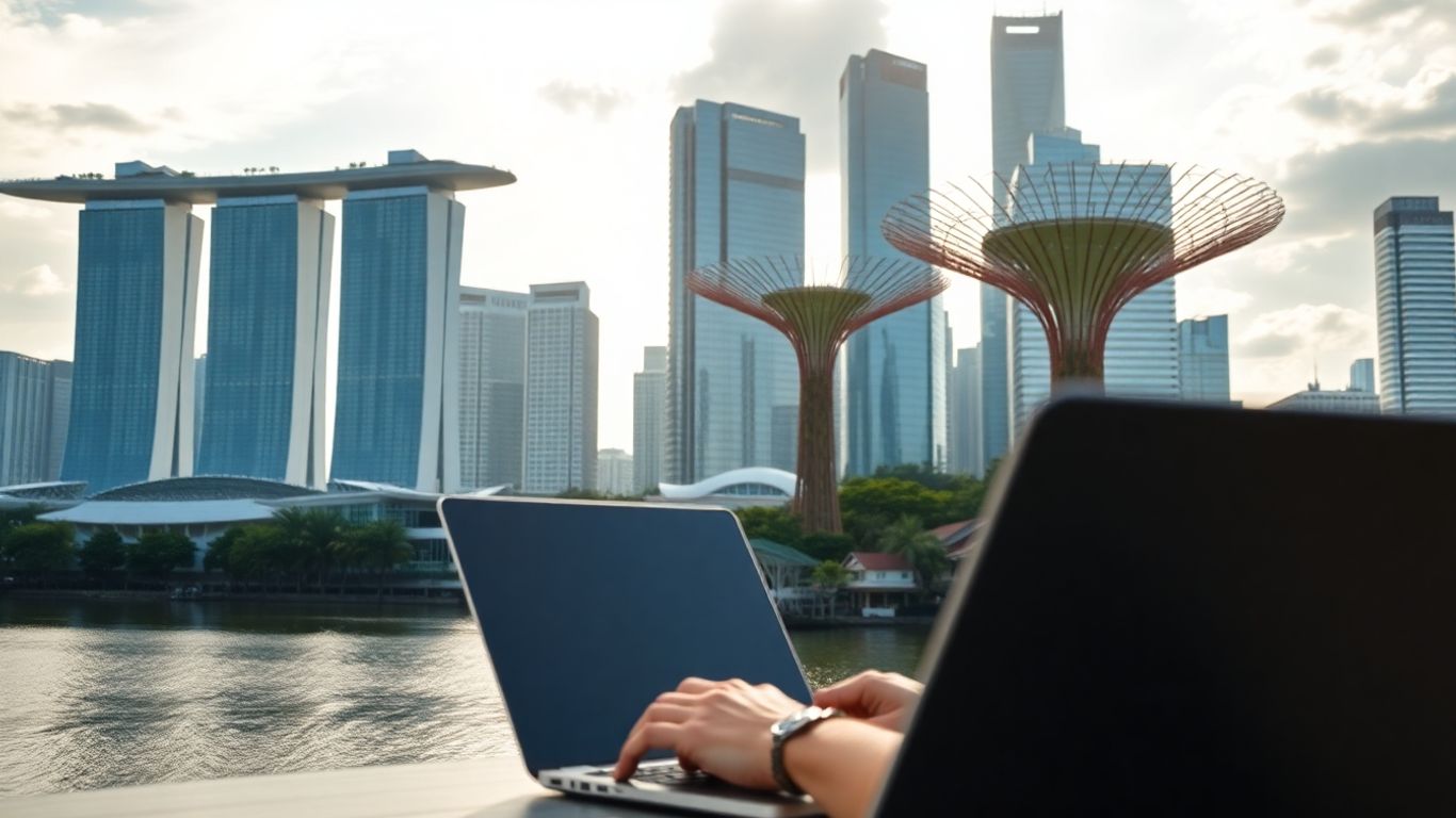 Laptop on table with Singapore skyline view