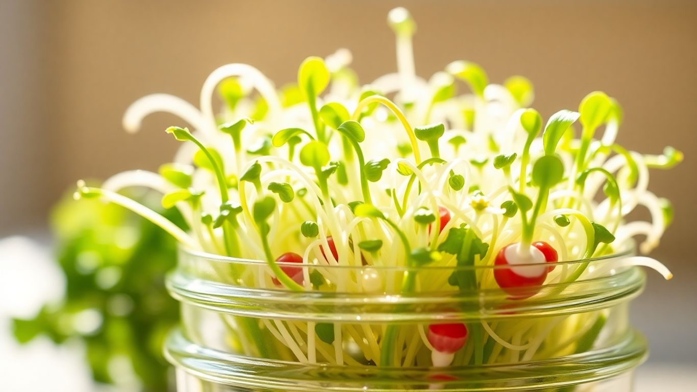 Fresh sprouts in a glass jar, bathed in sunlight.