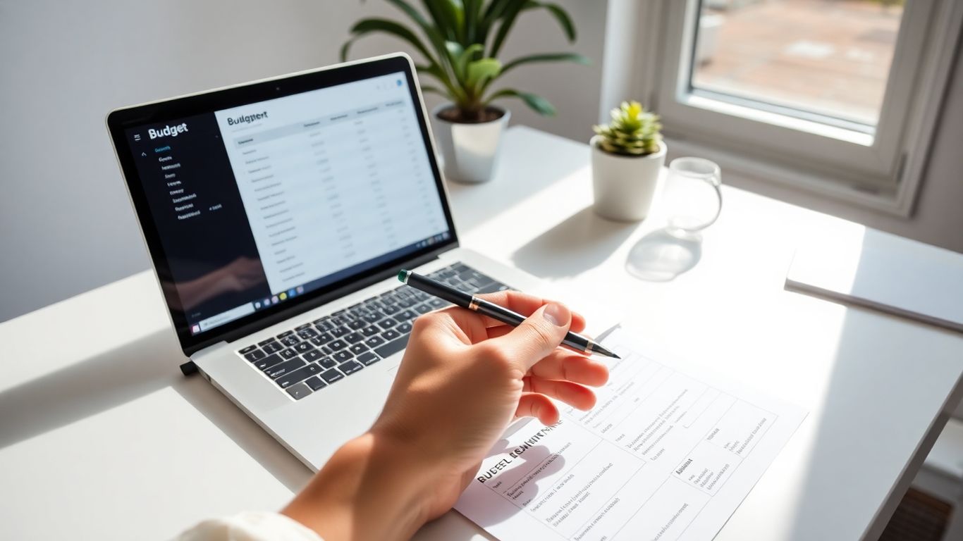 Budgeting worksheet and laptop on a desk.