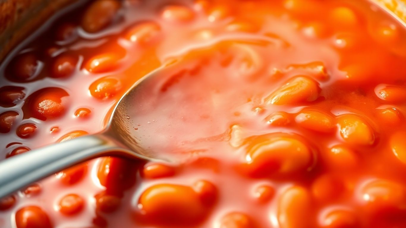 Bowl of Heinz beans in tomato sauce with spoon.