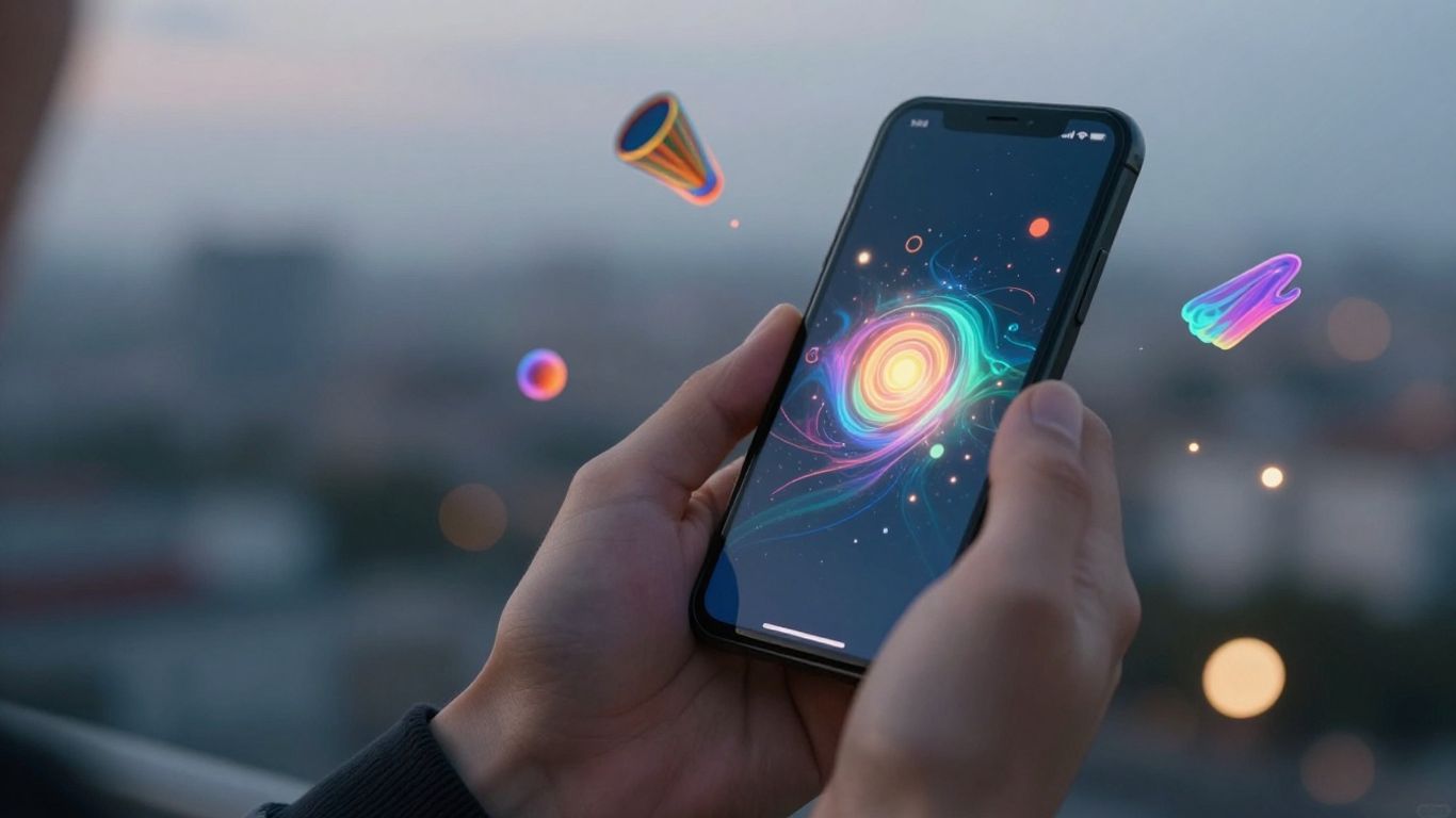 Celular com arte digital criativa flutuando ao redor.