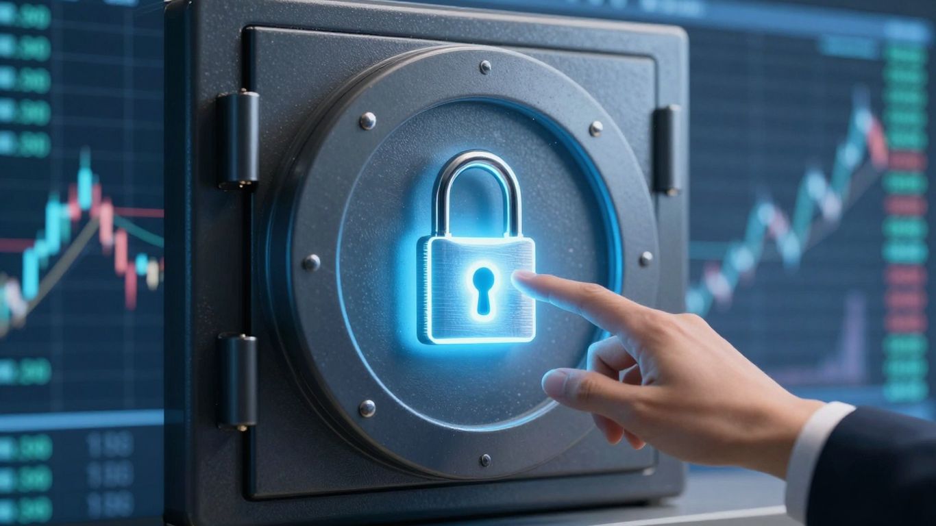 Secure online trading broker with digital vault and lock.