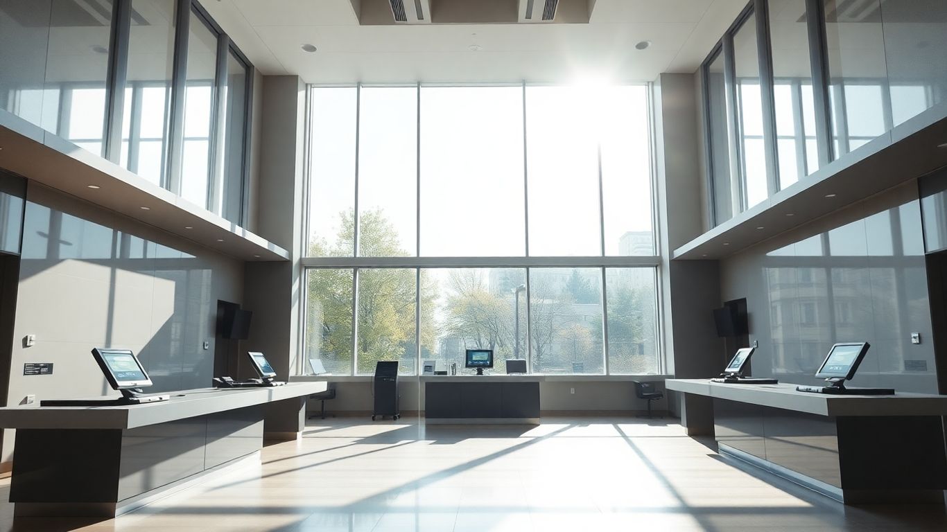 Bâtiment bancaire moderne avec des éléments de sécurité renforcés.