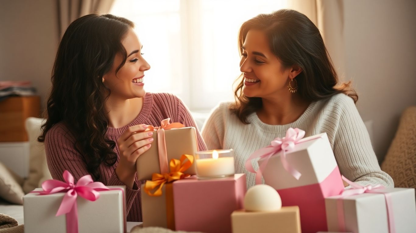Mom receiving thoughtful self-care birthday gifts.