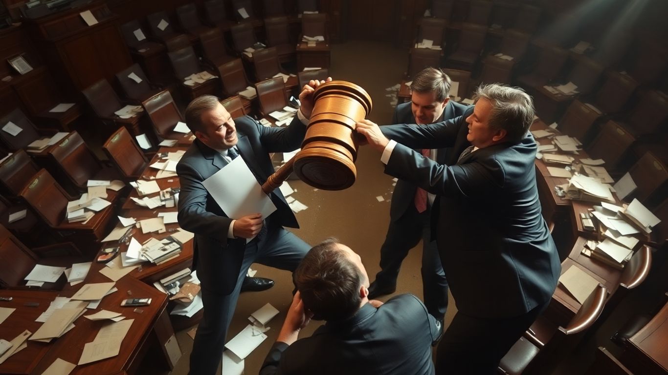 Parlamentari luptând pentru putere într-o cameră haotică.
