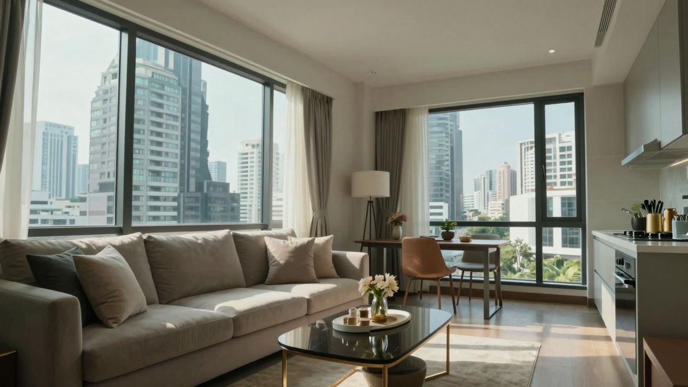 Serviced apartment interior with Bangkok skyline view.