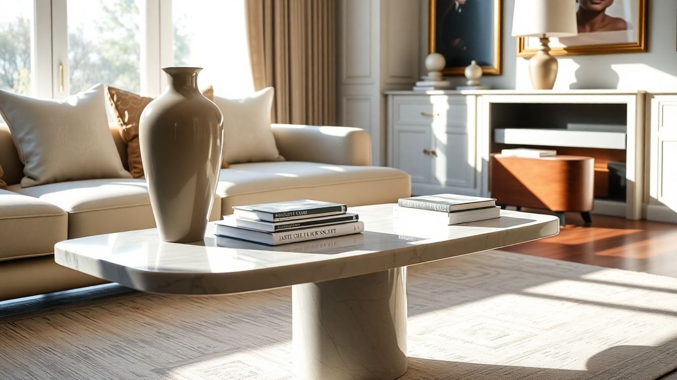Elegant marble end table in a stylish living room.
