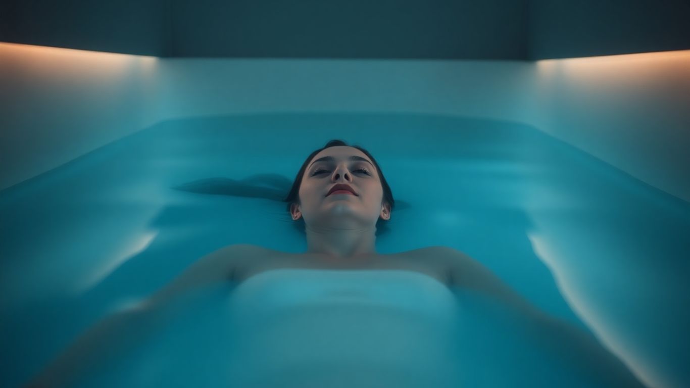 Femme flottant dans un bassin, détendue et paisible.