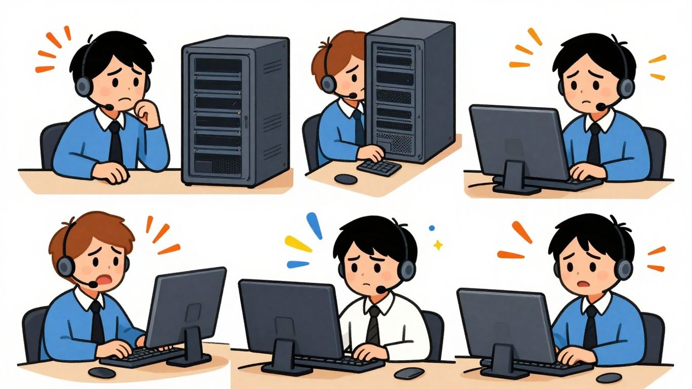 Funny IT support memes infographic with cartoon characters.