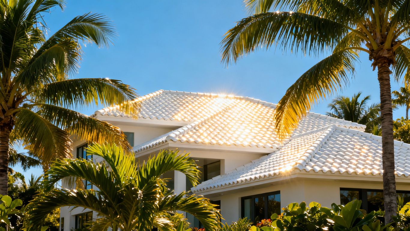 Miami home with a bright white residential roof and palm trees.