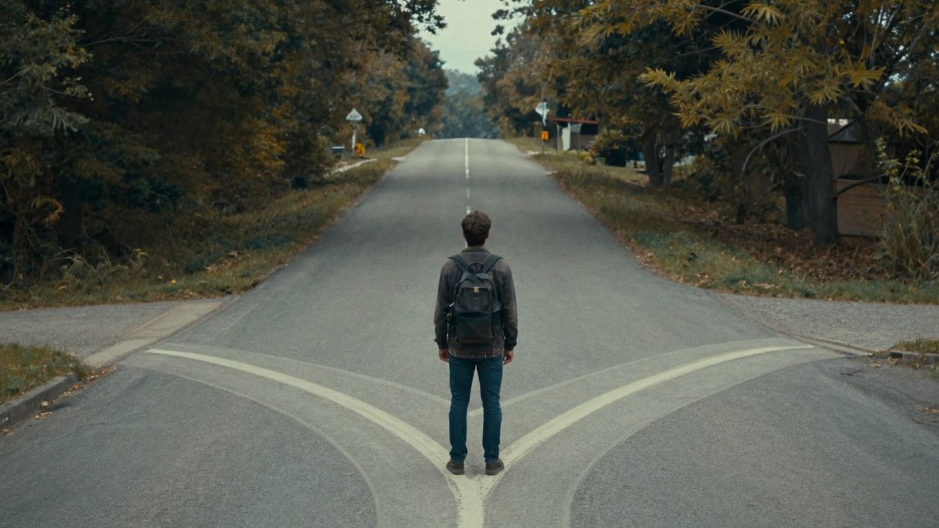 Pessoa em encruzilhada, incerteza e decisão.