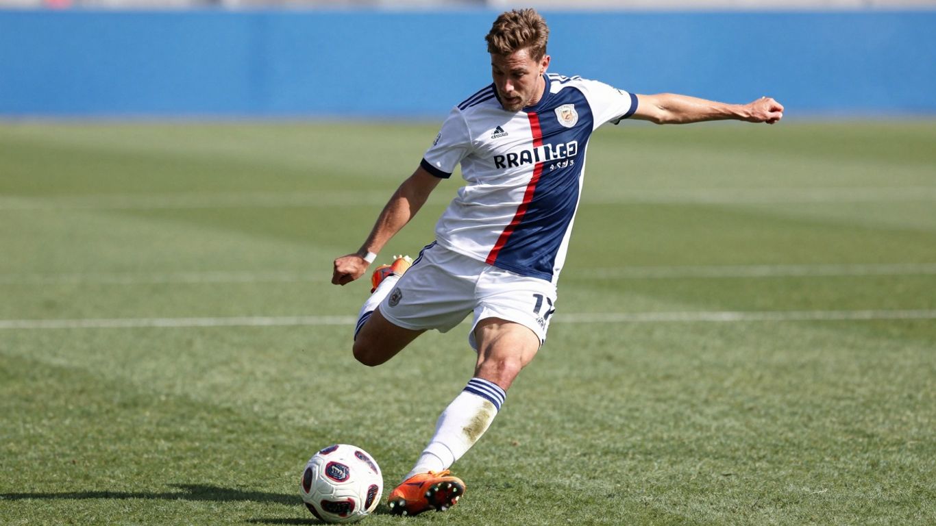 Player [Cam Rayner] kicking a soccer ball on a field.