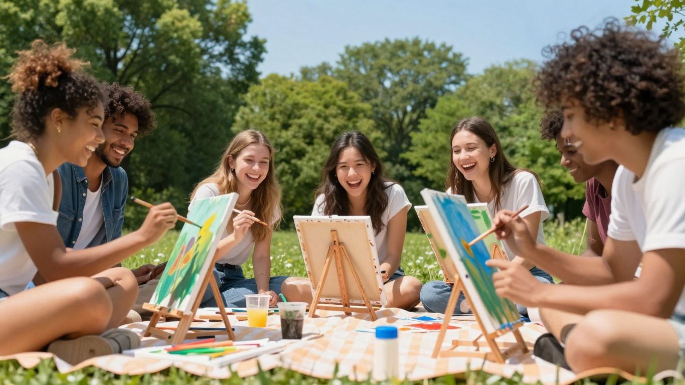 Mensen schilderen buiten in de zon.
