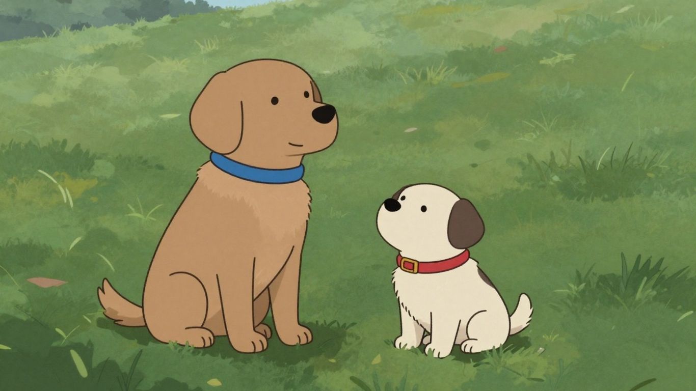Two cartoon dogs on a grassy hill.