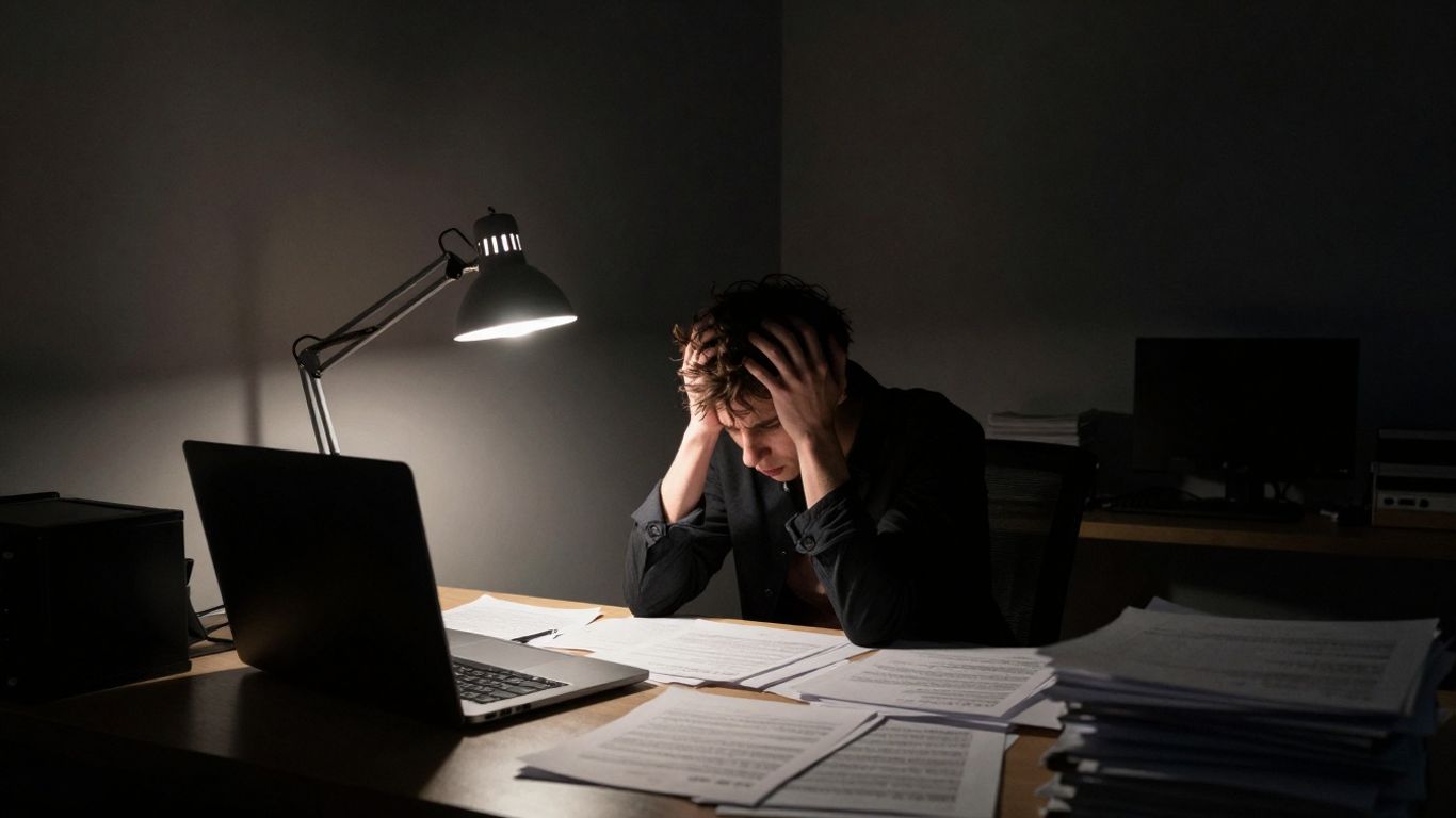 Confused person in a disorganised office, IT ownership unclear.