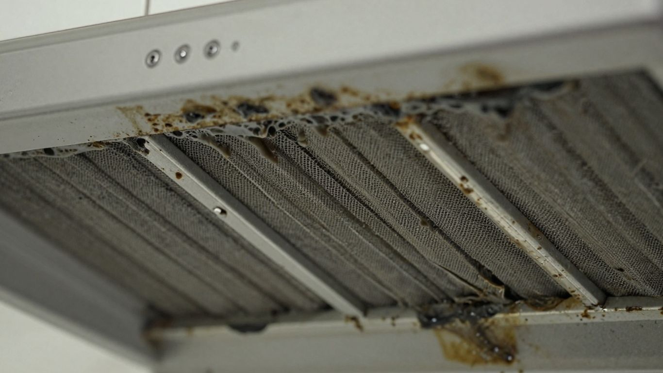 Filtre de hotte encrassé de graisse et de saleté.