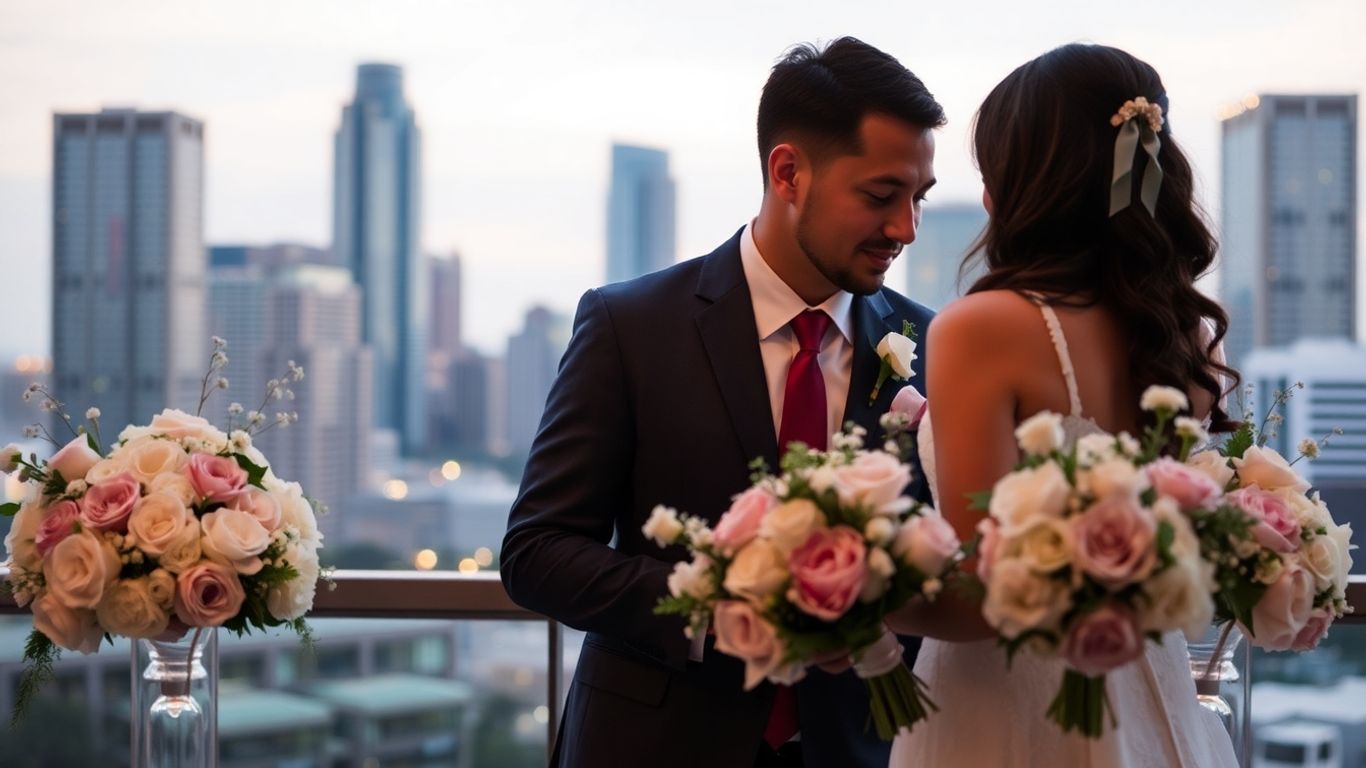 Couple eloping with Dallas skyline backdrop