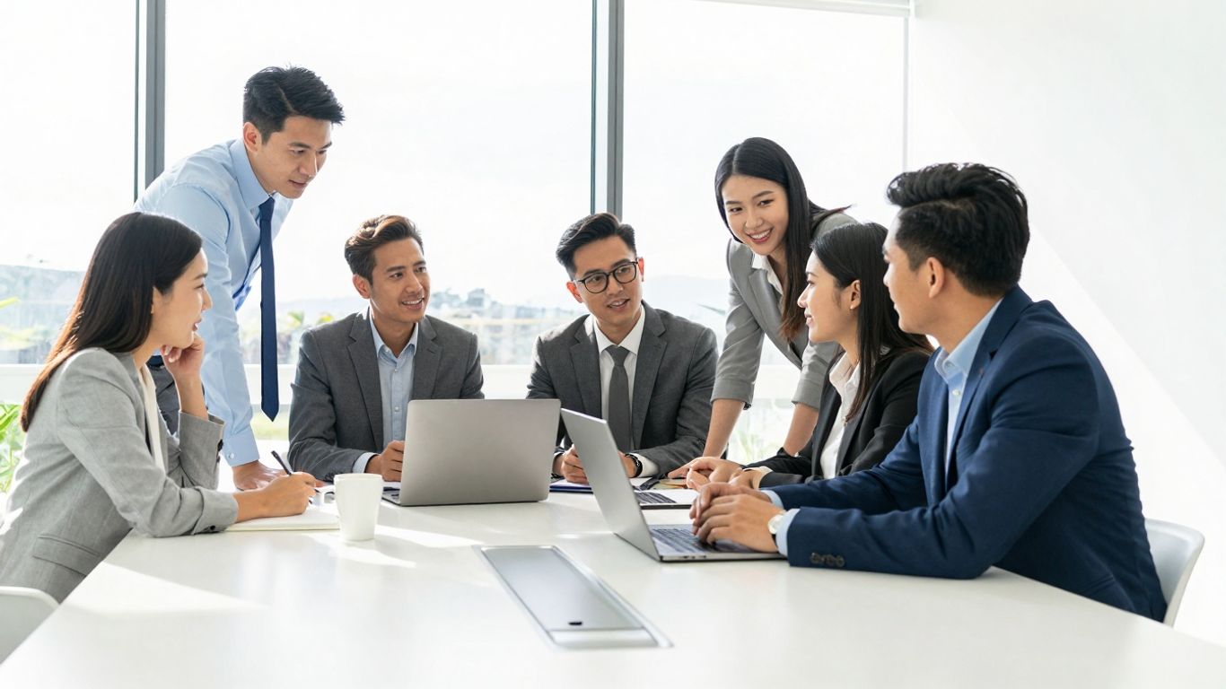 Business people meeting in a modern NZ office.