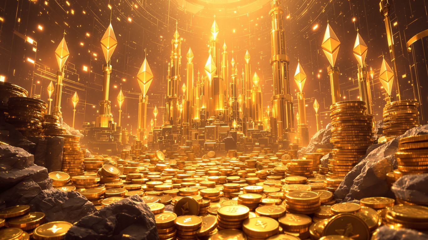 Digital gold coins and Ethereum symbols in a vast landscape.