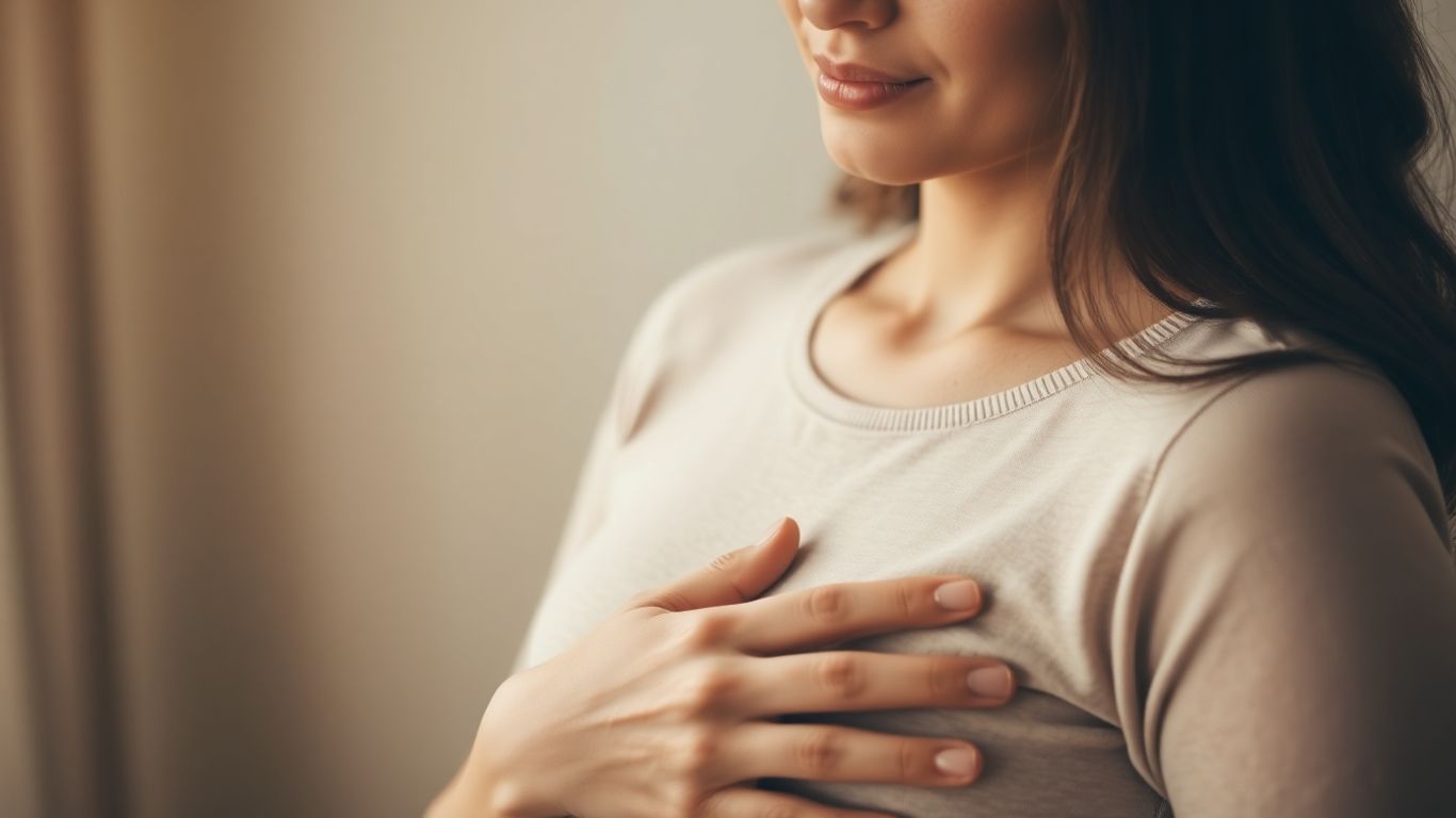 Mulher pensativa tocando a barriga com esperança.