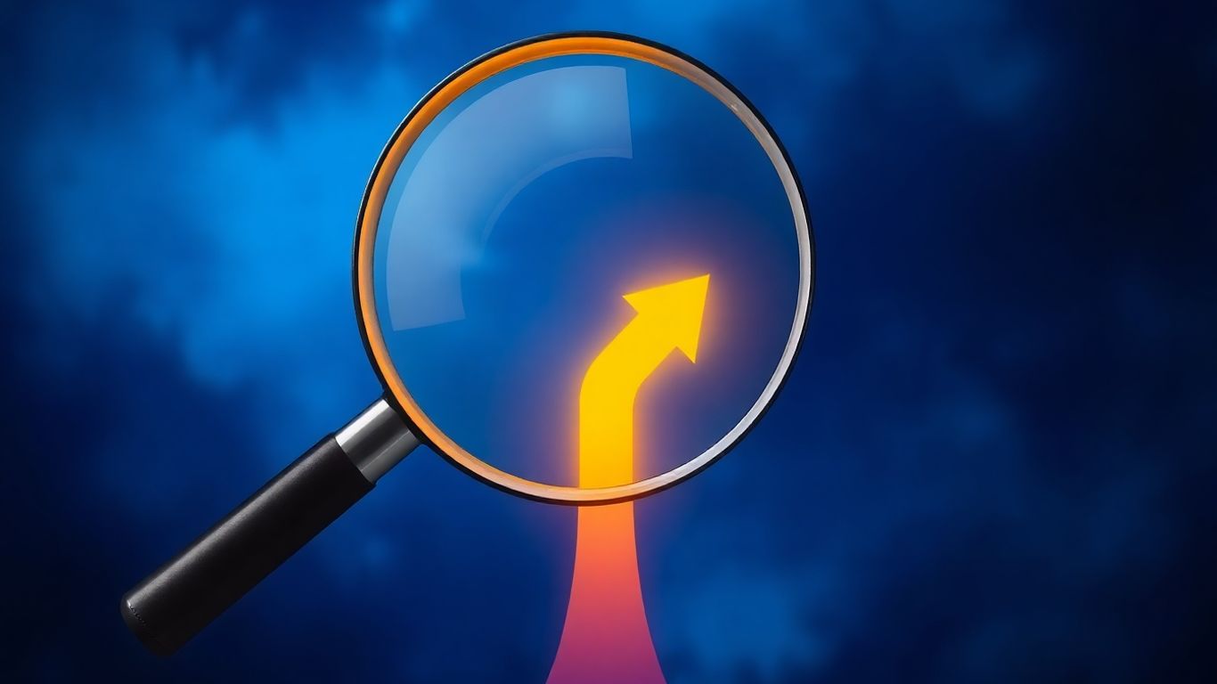 Magnifying glass over question mark and upward arrow.