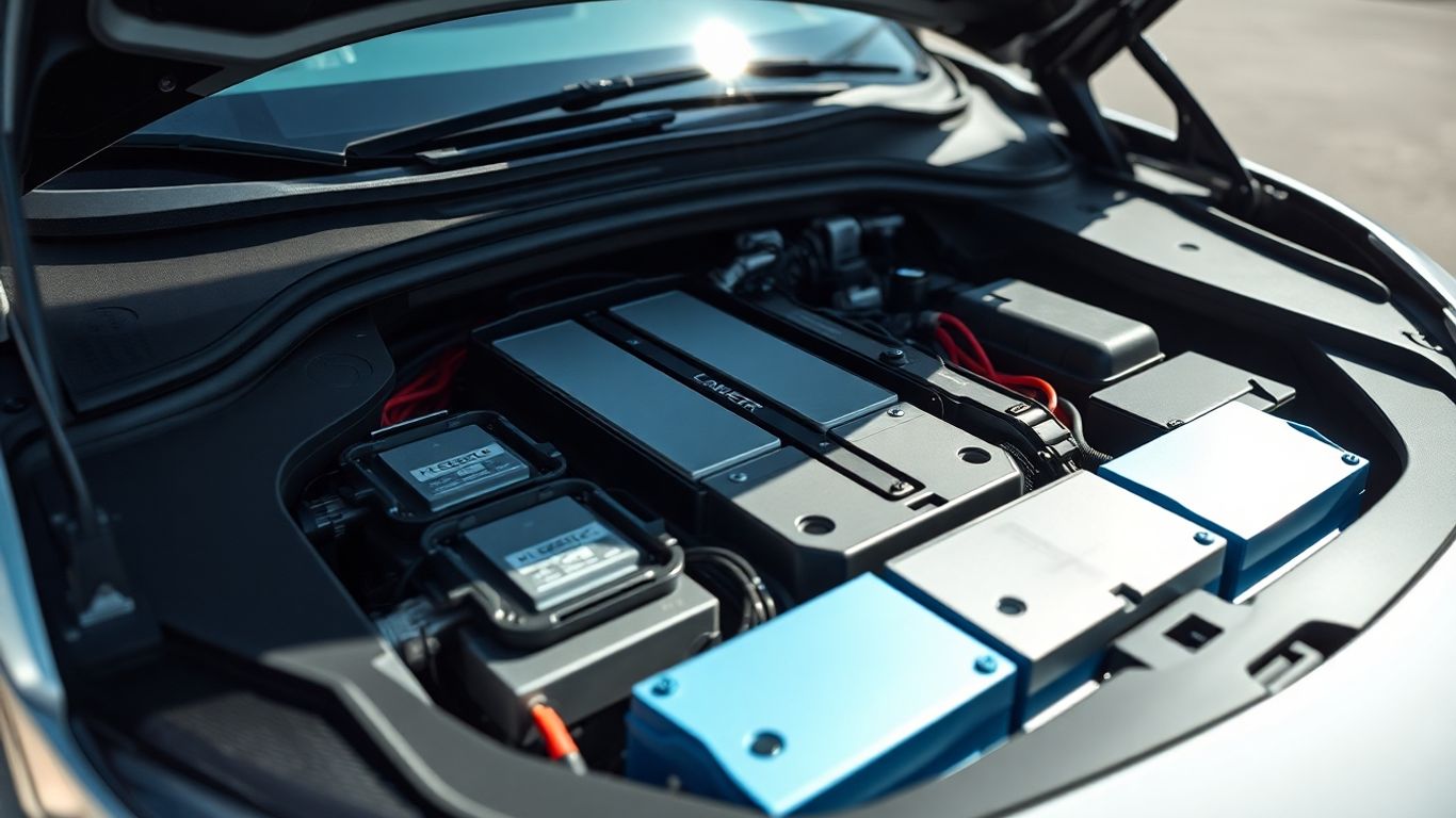 Batterie lithium voiture électrique ouverte sous le capot