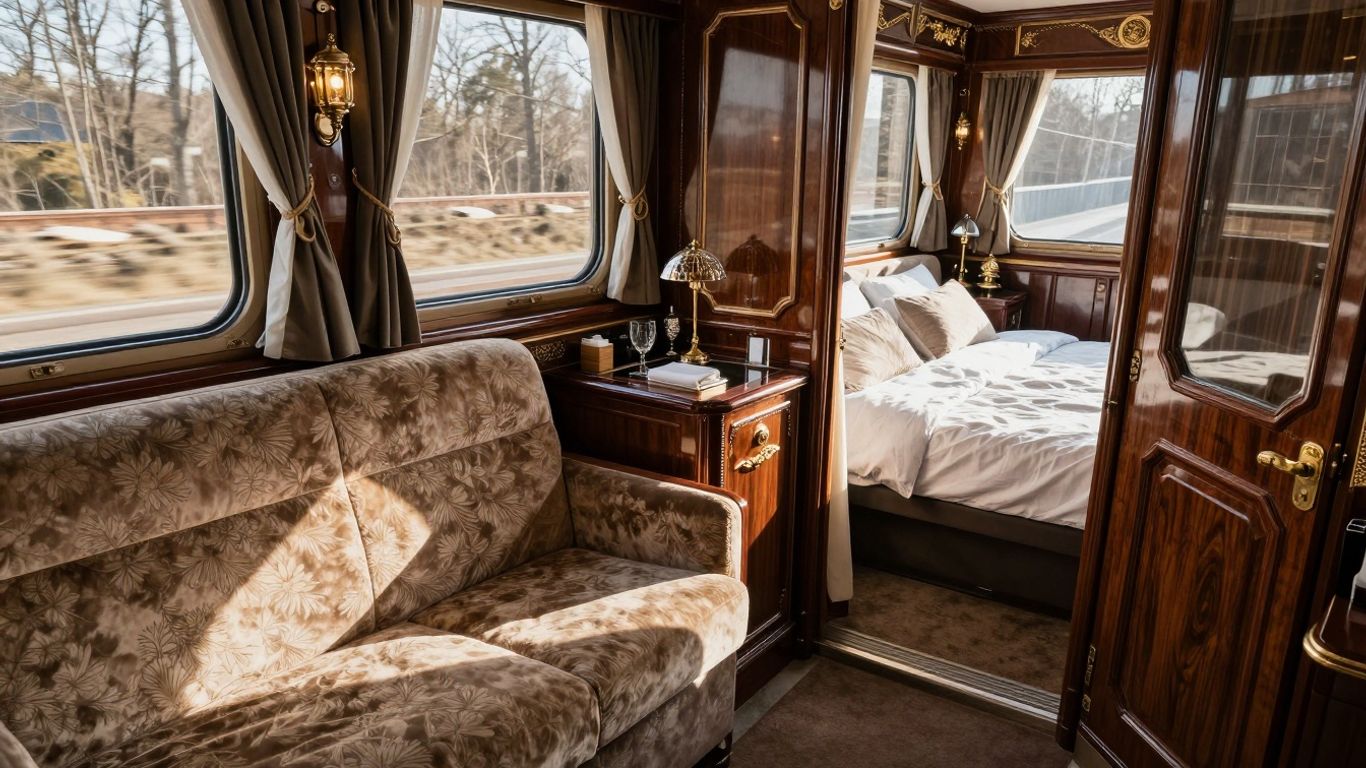 Luxury train suite interior with elegant decor and amenities.
