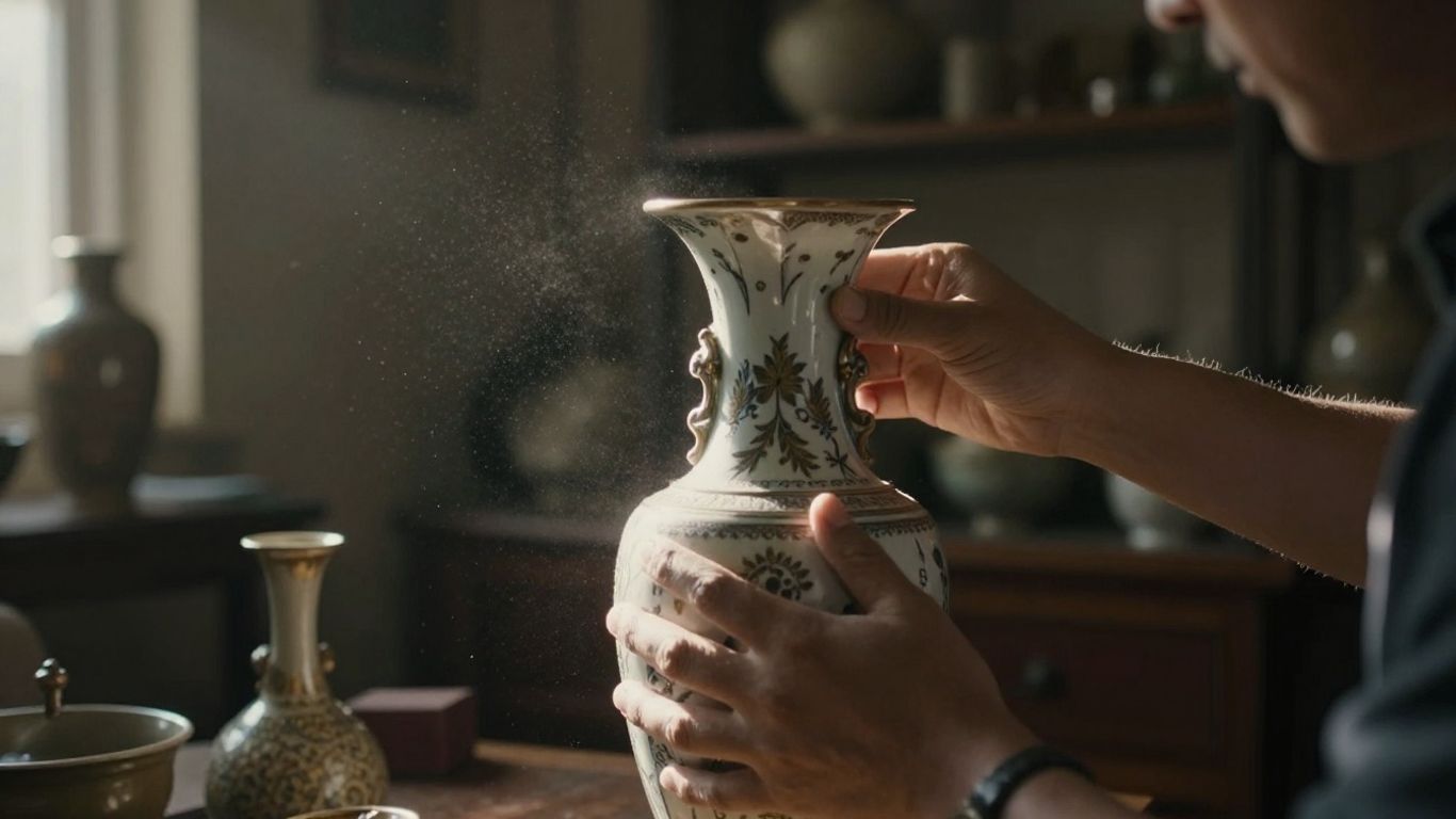 Homeowner inspecting antique vase for insurance valuation.