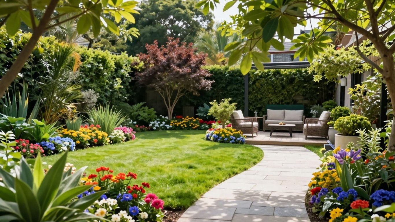 Beautifully landscaped garden with flowers, trees, and a stone path.