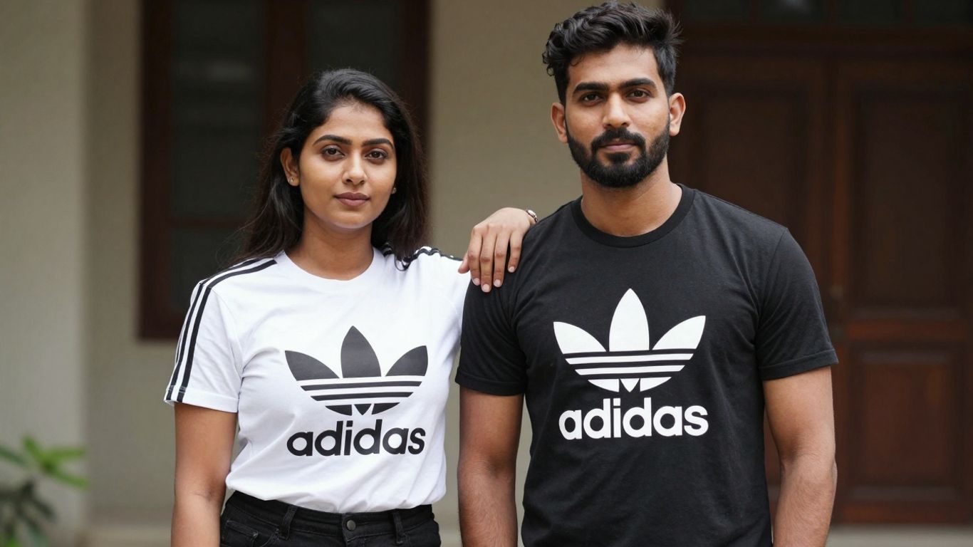 Cuplu fericit purtând tricouri Adidas asortate