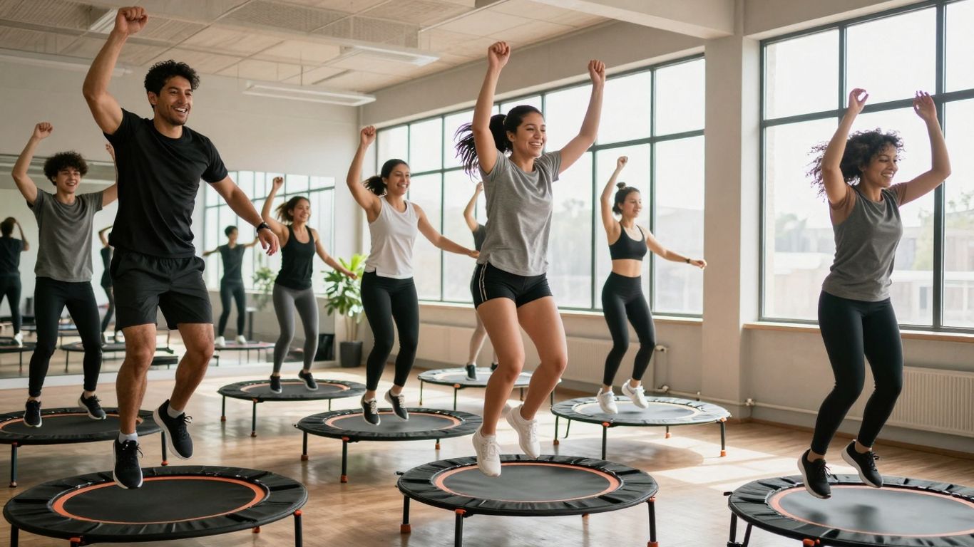 People jumping on mini-trampolines in a fitness class.