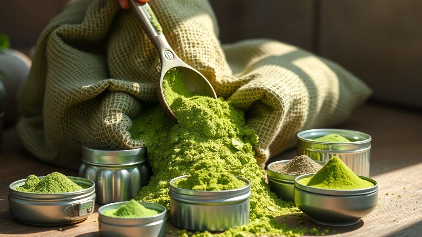 Matcha powder in bulk packaging and smaller tins.