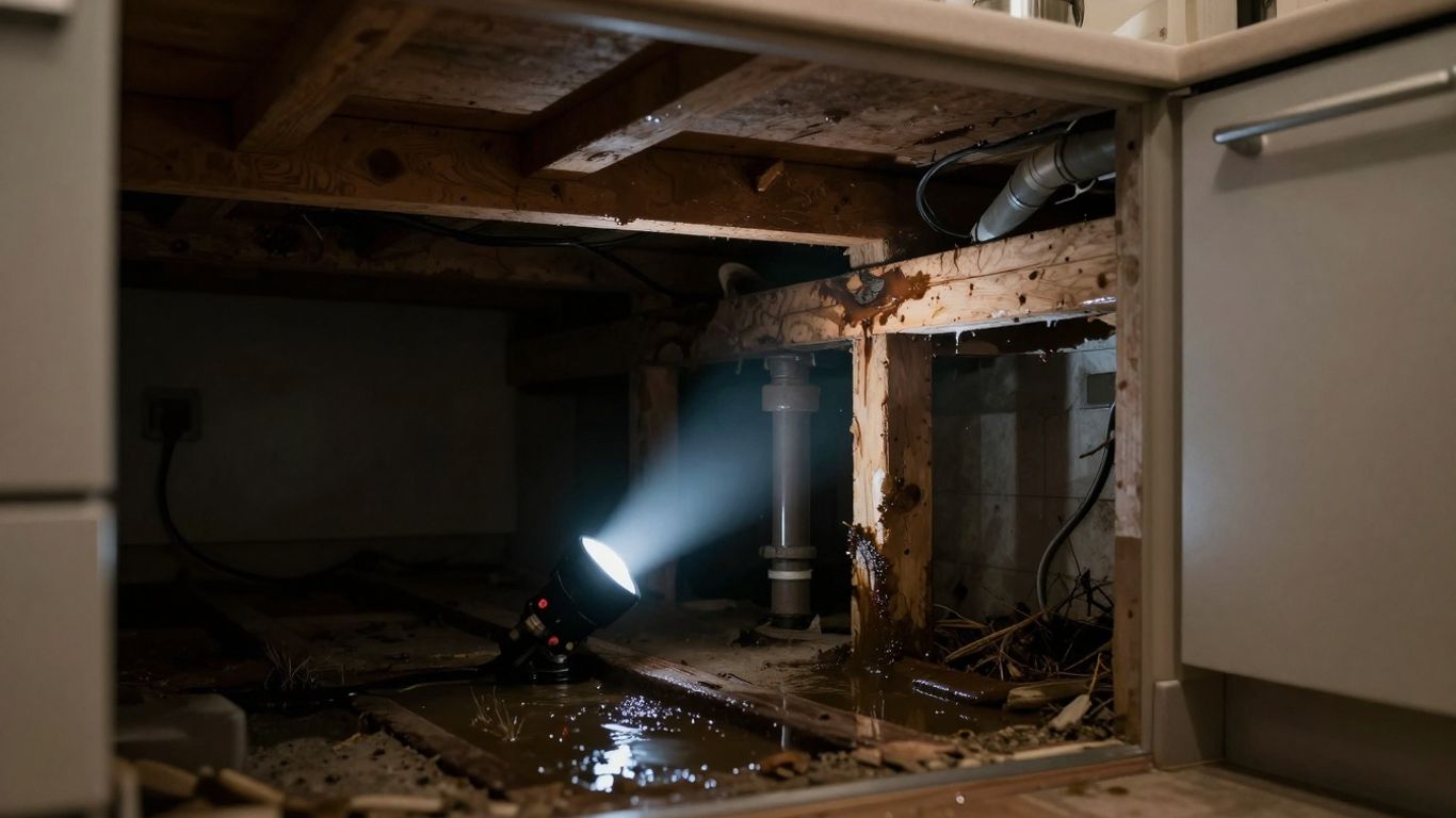 Water damage in a kitchen sub-floor.