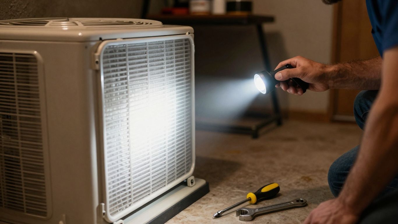 Homeowner inspecting HVAC unit with tools nearby.