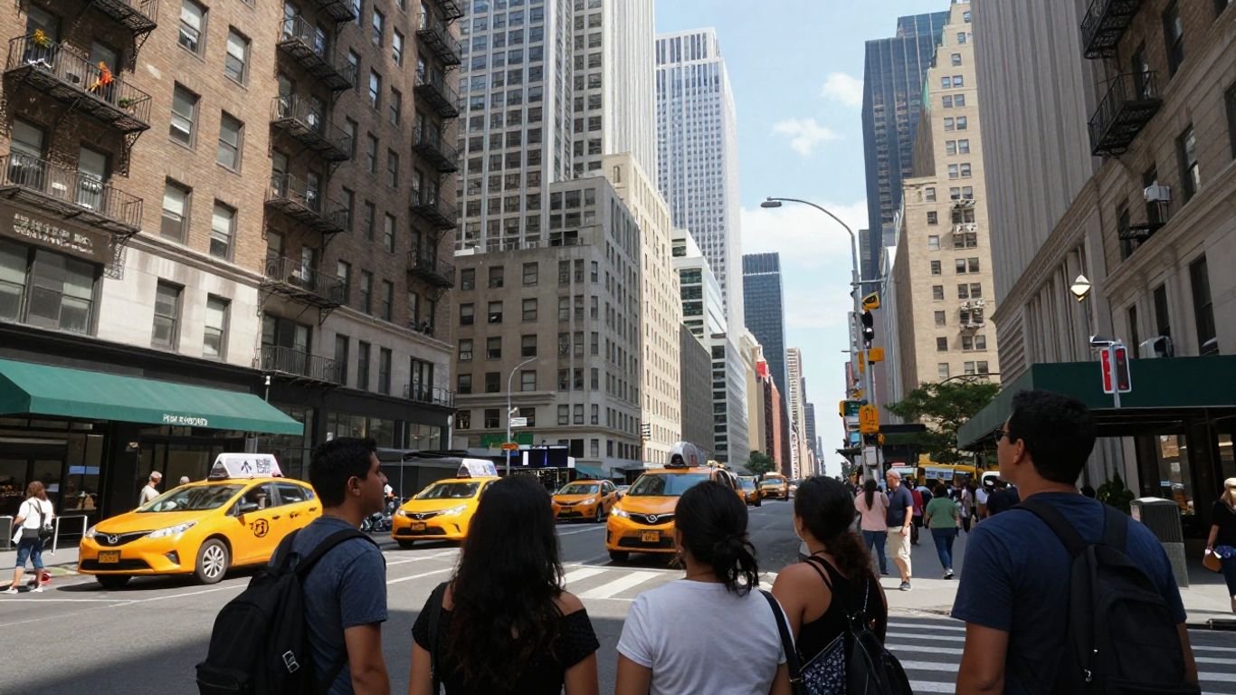 New York City street with people looking at apartments.