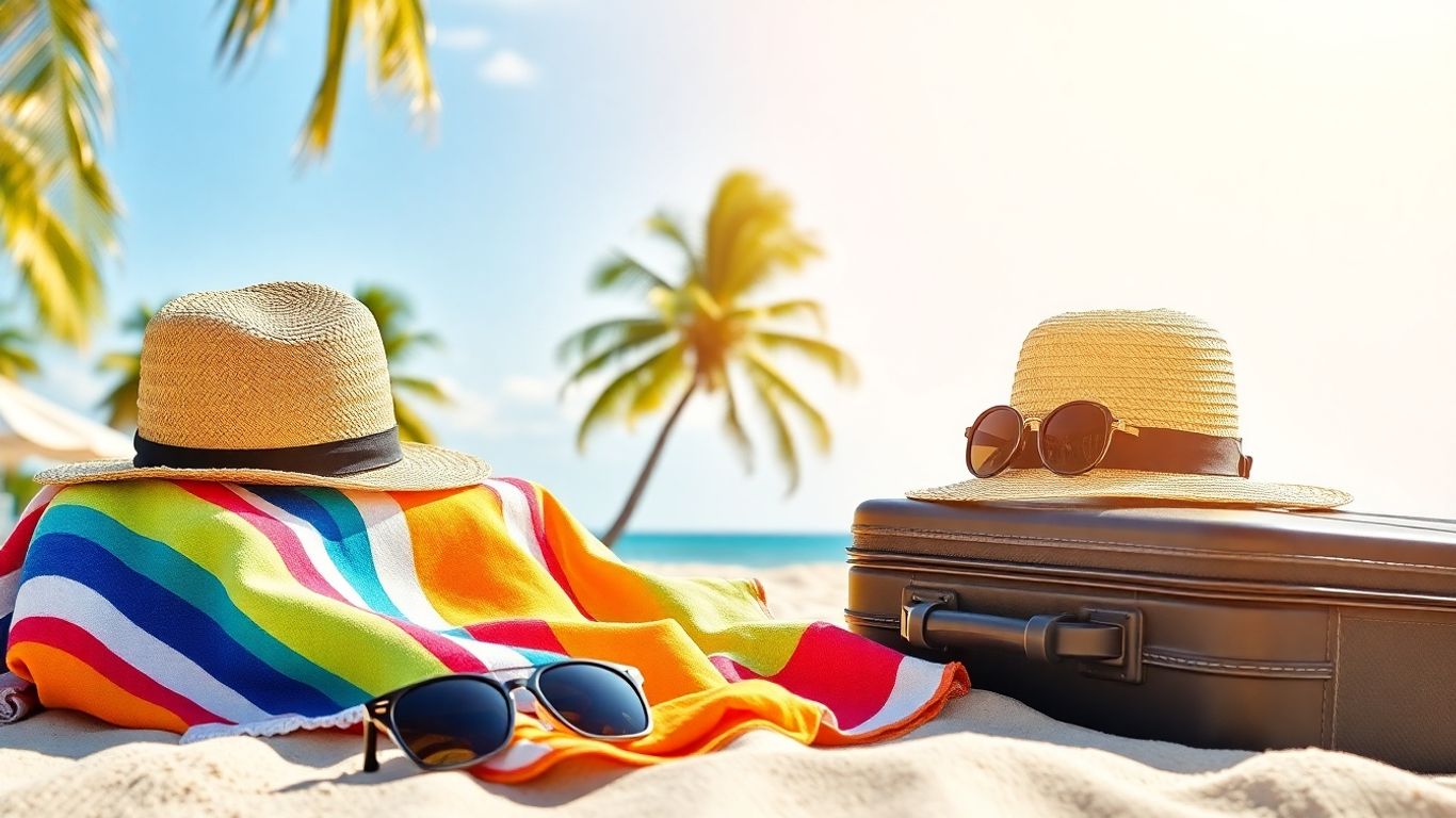 Walizka i akcesoria plażowe na słonecznej plaży.