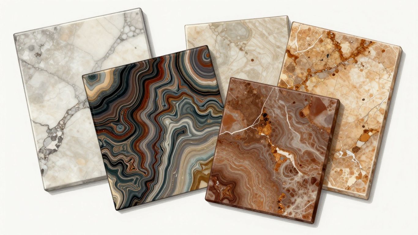Polished onyx, marble, and travertine stone slabs.