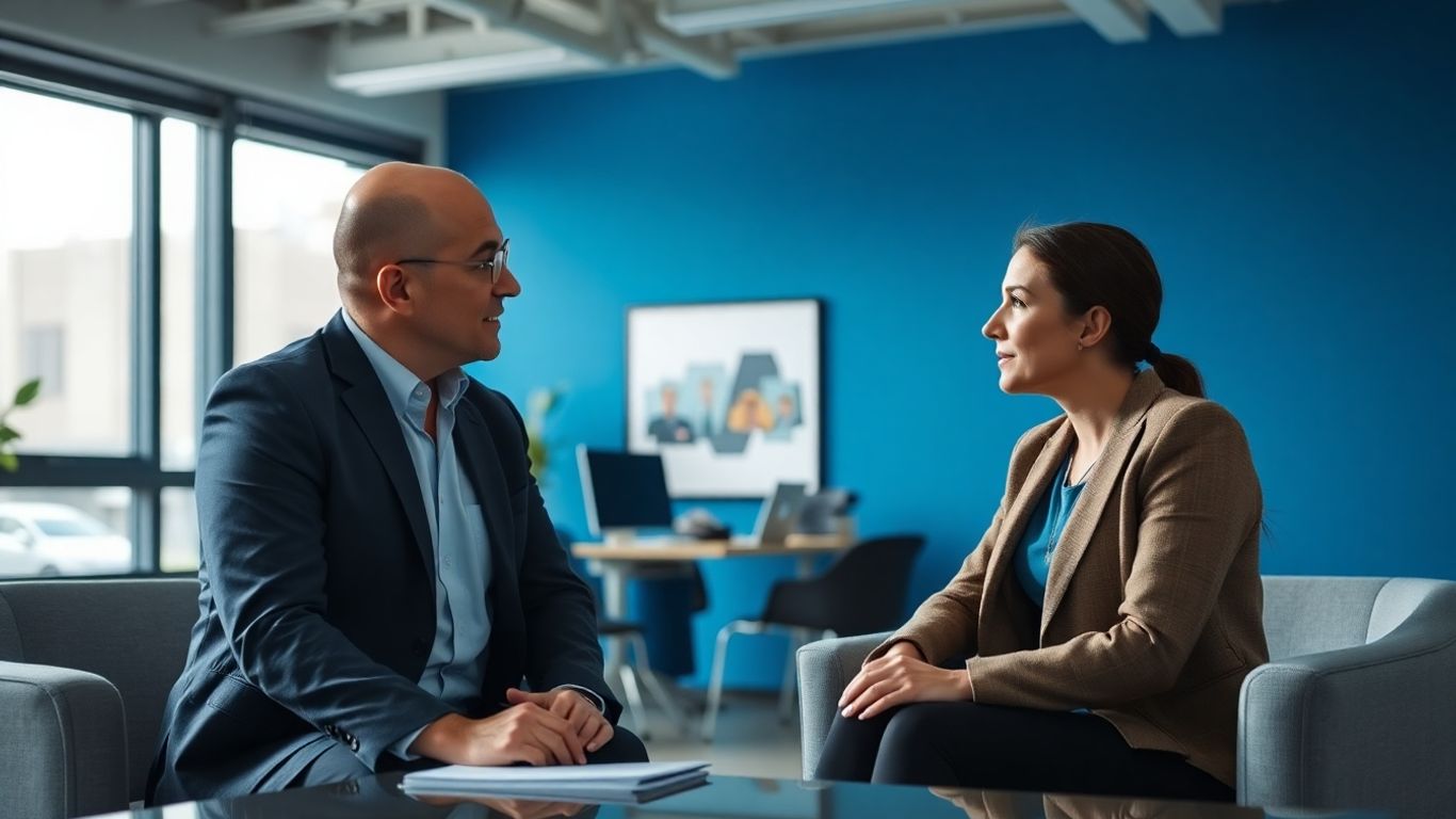 Geschäftsleute im Gespräch in einem modernen Büro.