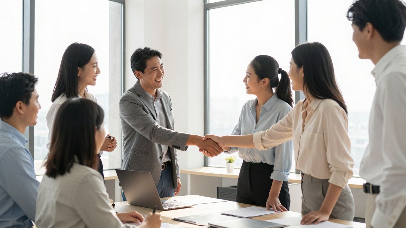 Diverse professionals shaking hands in a bright office.