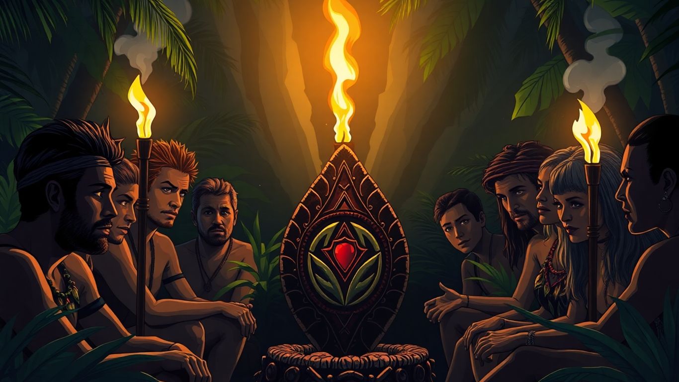 Survivor Tribal Council set with torches and contestants.