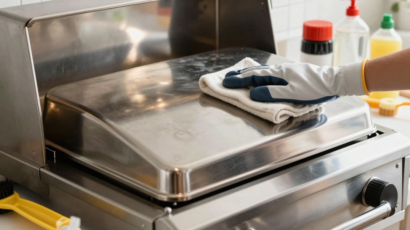 Cleaning the exterior of a stainless steel grill.