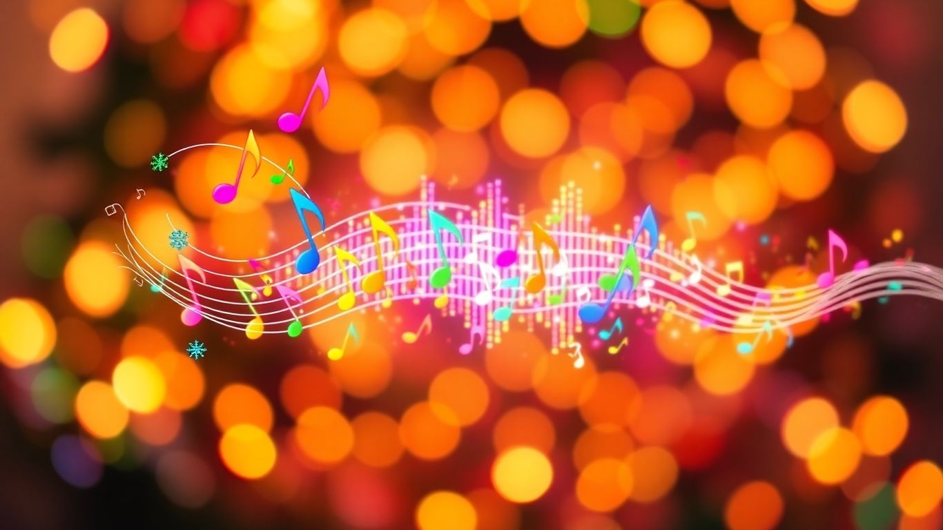 Festive musical notes and lights for holiday playlists.